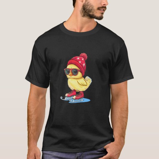 サングラスとアイススケート靴が可愛いニワトリ Tシャツ (正面)