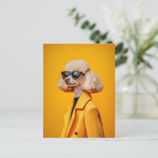 サングラスとイエローコートにシックなプードル ポストカード (スタンド正面)