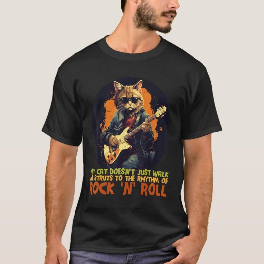 サングラスとエレクトリックギターの革ジャンの猫 Tシャツ (正面)