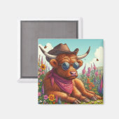 サングラスとカウボーイハットを身に着けたハイランド牛 マグネット (正面/裏面)