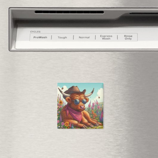 サングラスとカウボーイハットを身に着けたハイランド牛 マグネット (インサイチュ (食洗機))