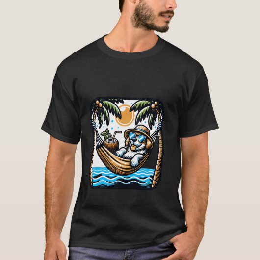サングラスとココナッツのハンモックにいる犬 Tシャツ (正面)