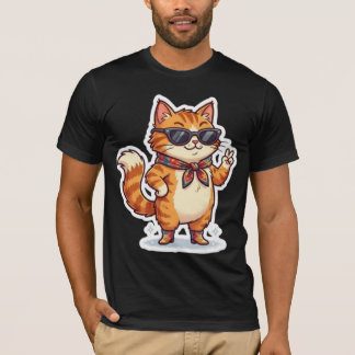 サングラスとスカーフの元気なネコTシャツ Tシャツ