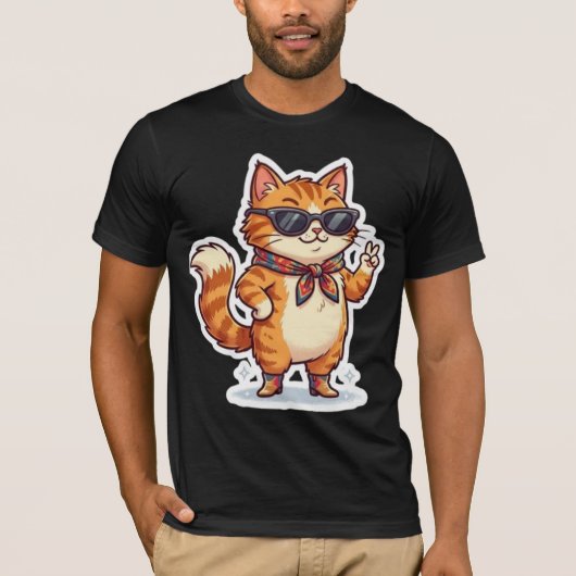 サングラスとスカーフの元気なネコTシャツ Tシャツ (正面)