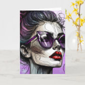 サングラスとパープルサングラスをかけている美人 カード (黄色い花)