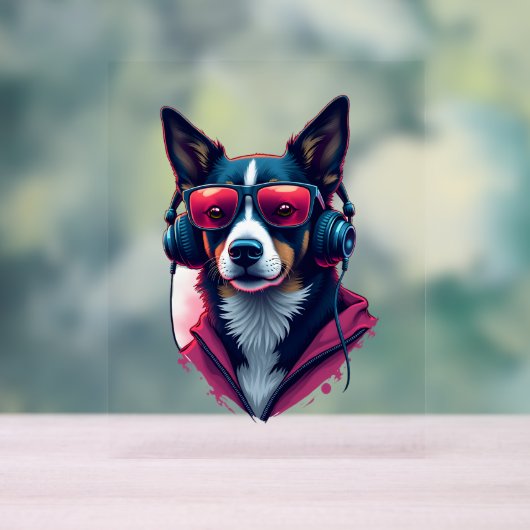 サングラスとヘッドフォンを着ている羽生犬 アクリルサイン (ニュートラル)