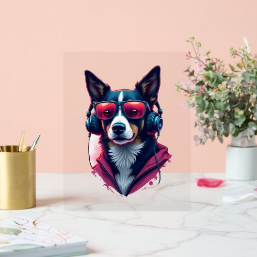 サングラスとヘッドフォンを着ている羽生犬 アクリルサイン (ウェディング)