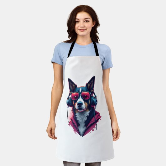 サングラスとヘッドフォンを着ている羽生犬 エプロン (着用した状態)