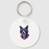 サングラスとヘッドフォンを着ている羽生犬 キーホルダー (正面)