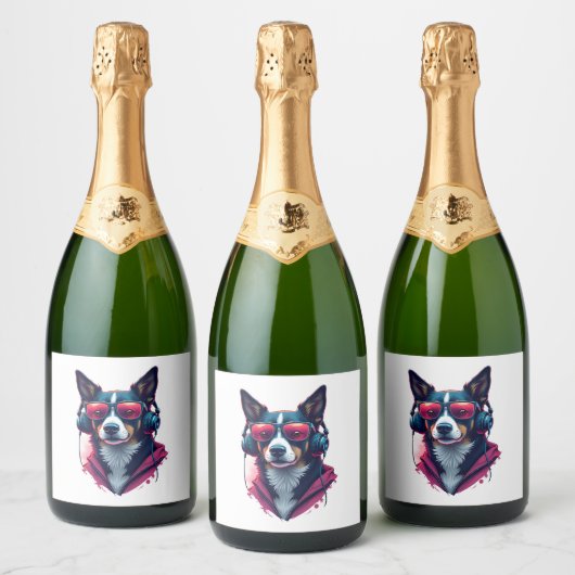 サングラスとヘッドフォンを着ている羽生犬 スパークリングワインラベル (ボトル)