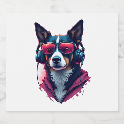 サングラスとヘッドフォンを着ている羽生犬 スパークリングワインラベル (シングルラベル)