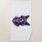 サングラスとヘッドフォンを着ている羽生犬 ビーチタオル (正面)