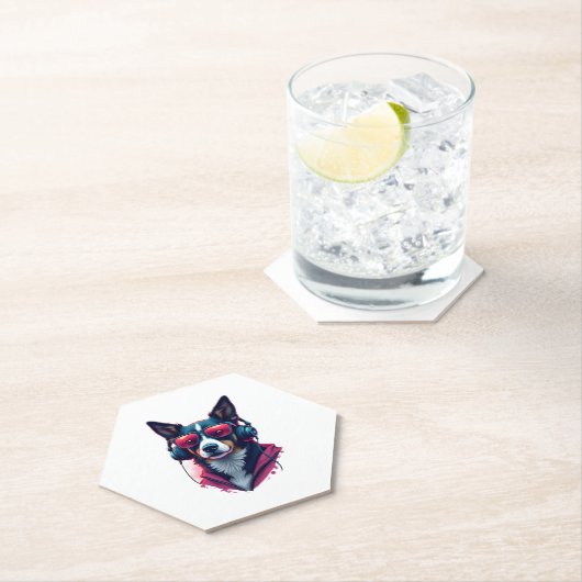 サングラスとヘッドフォンを着ている羽生犬 ペーパーコースター (インサイチュ)