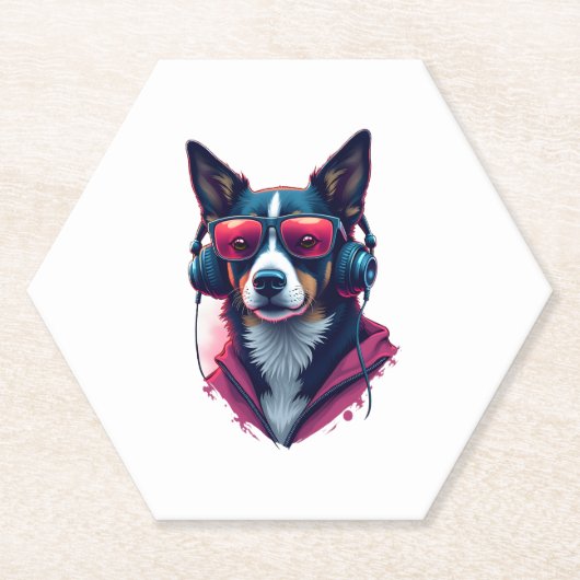 サングラスとヘッドフォンを着ている羽生犬 ペーパーコースター (正面)