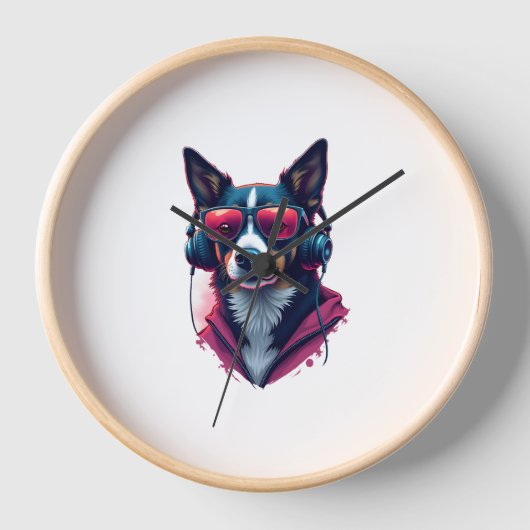 サングラスとヘッドフォンを着ている羽生犬 壁時計 (正面)