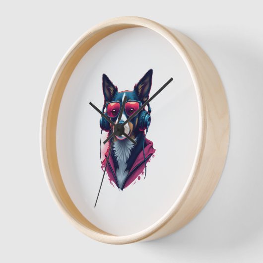 サングラスとヘッドフォンを着ている羽生犬 壁時計 (傾斜)
