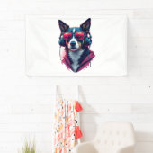 サングラスとヘッドフォンを着ている羽生犬 横断幕 (インサイチュ)