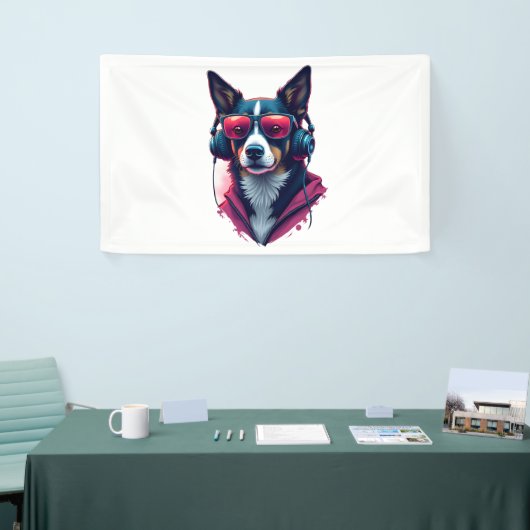 サングラスとヘッドフォンを着ている羽生犬 横断幕 (トレードショー)