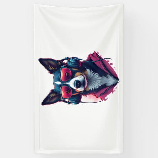 サングラスとヘッドフォンを着ている羽生犬 横断幕 (縦)