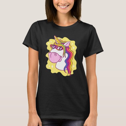 サングラスとユニコーン虹の生き物ハッピー・ホール Tシャツ (正面)