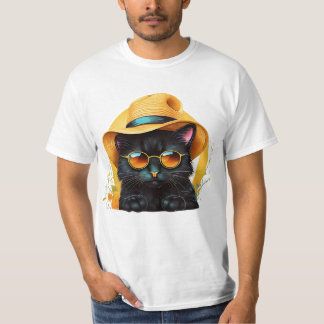 サングラスと帽子を被った黒猫おもしろい。 Tシャツ