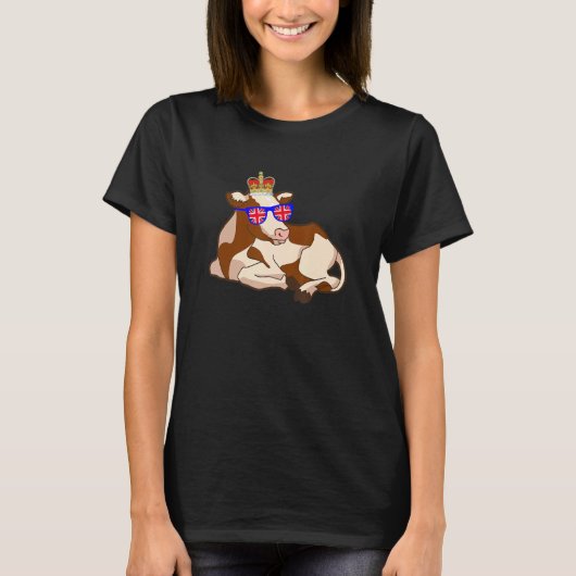 サングラスと王冠を着けたイングランド英国旗の牛 Tシャツ (正面)
