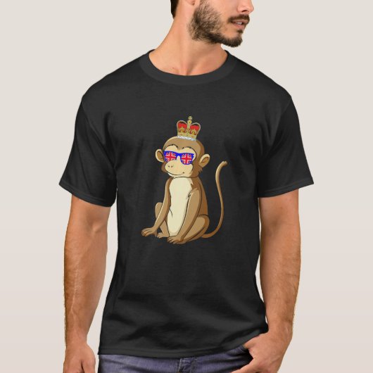 サングラスと王冠を身に着けた猿 イギリス イングランド フラグ Tシャツ (正面)