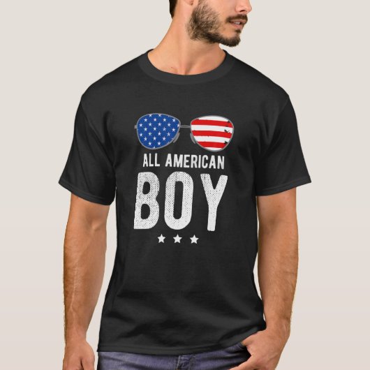 サングラスと米国国旗を持つアメリカ人少年 Tシャツ (正面)