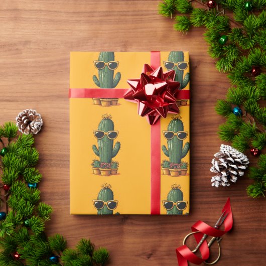サングラスと花のクールなサボテン ラッピングペーパー (クリスマスギフト)