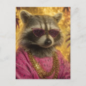 サングラスと金ゴールド・チェーンに入ったアライグマ ポストカード (正面)