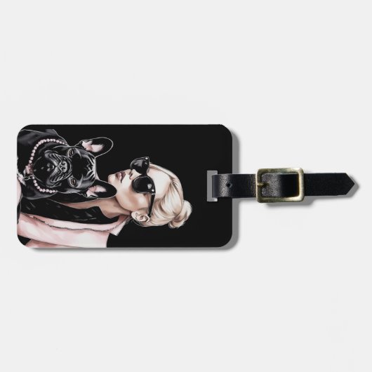 サングラスにブロンドの女の子ブラックブルフランスのドッグ ラゲッジタグ (正面横)