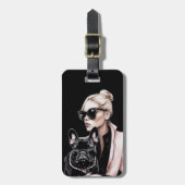 サングラスにブロンドの女の子ブラックブルフランスのドッグ ラゲッジタグ (正面縦)