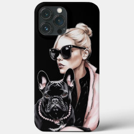 サングラスにブロンドの女の子ブラックブルフランスのドッグ iPhone 13 PRO MAXケース