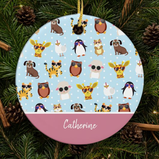 サングラスに名前のクリスマスを飾ったかわいい動物 セラミックオーナメント