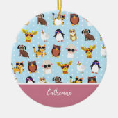 サングラスに名前のクリスマスを飾ったかわいい動物 セラミックオーナメント (正面)
