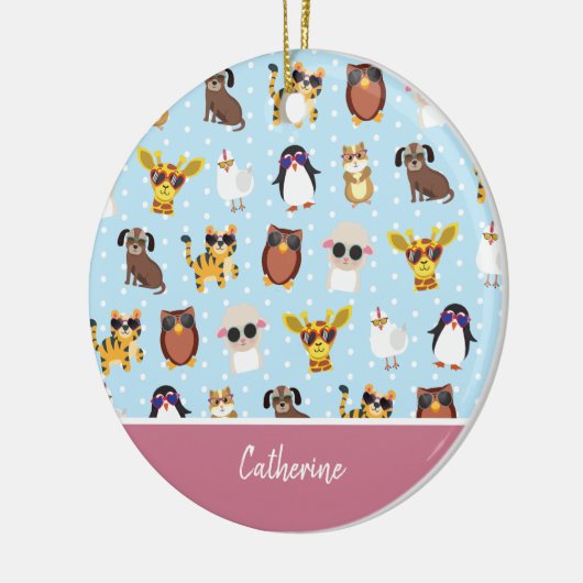 サングラスに名前のクリスマスを飾ったかわいい動物 セラミックオーナメント (左)