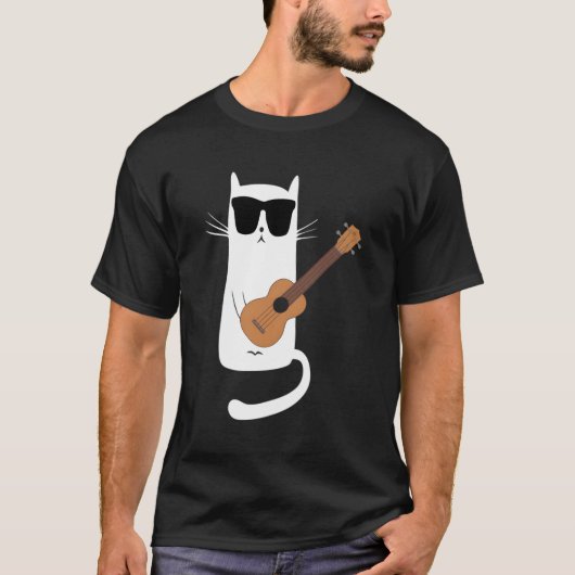 サングラスのウクレレ遊を着た猫 Tシャツ (正面)