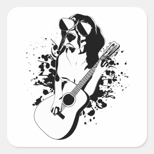 サングラスのギターを着遊たビーグル犬 スクエアシール (正面)