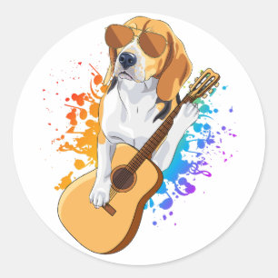 サングラスのギターを着遊たビーグル犬 ラウンドシール