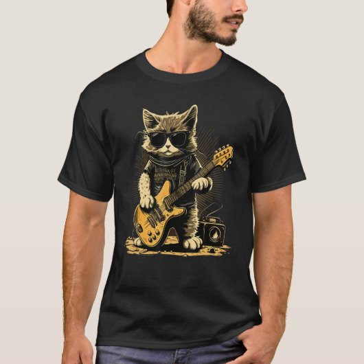 サングラスのギタ遊ーギタリストを着た猫 Tシャツ (正面)