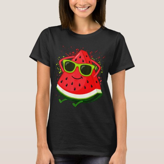 サングラスのスイカ 夏の面白いメロン Tシャツ (正面)