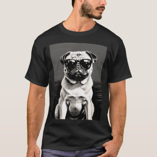 サングラスのパグ(モノクロ) Tシャツ