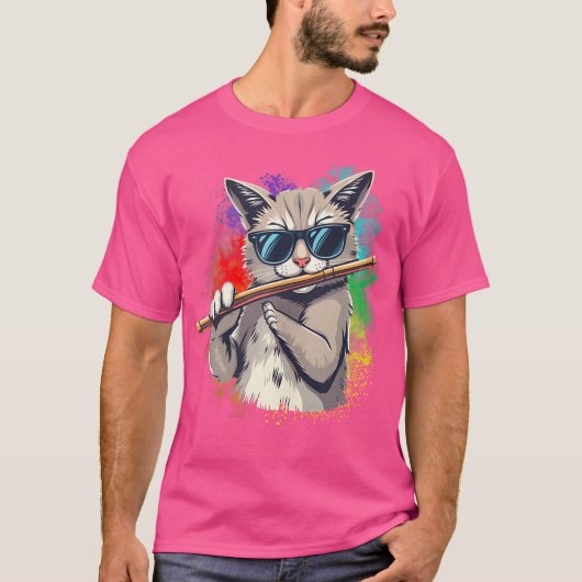 サングラスのフルート遊を着た猫 Tシャツ (正面)