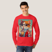 サングラスの猫がタピオカドリンクを飲んでいる Tシャツ (正面フル)
