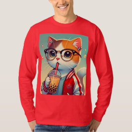サングラスの猫がタピオカドリンクを飲んでいる Tシャツ