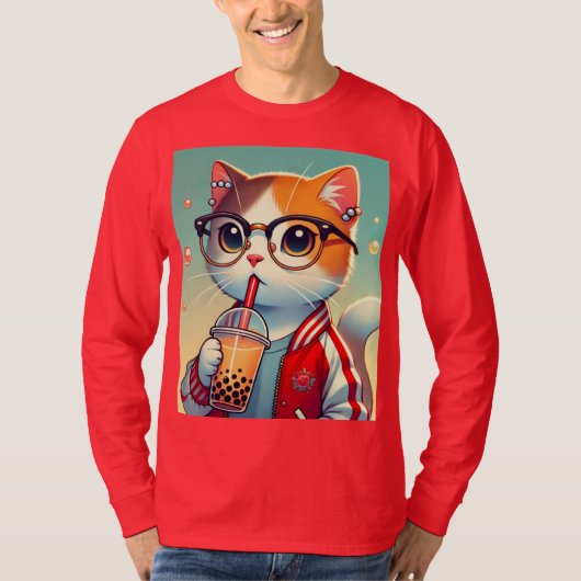 サングラスの猫がタピオカドリンクを飲んでいる Tシャツ (正面)