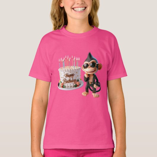 サングラスの猿が大きなケーキを持って ハッピーバースデー Tシャツ (正面)