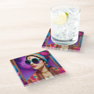 サングラスの美しいお姫様 ガラスコースター