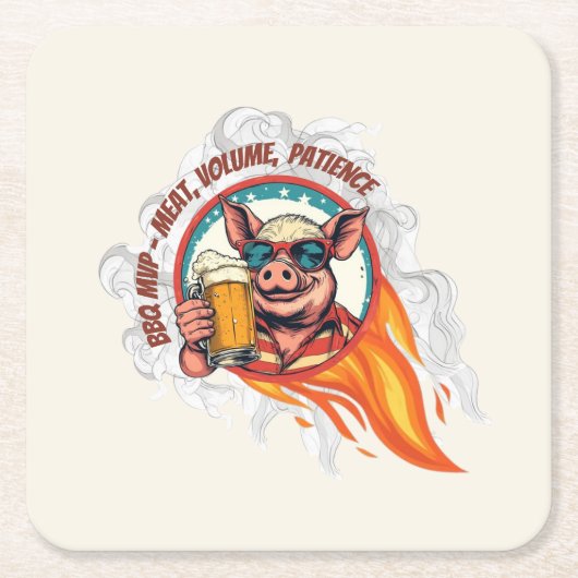 サングラスのBBQブタ ビール 7月4日 スクエアペーパーコースター (正面)
