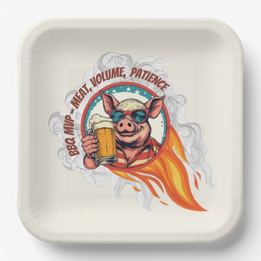 サングラスのBBQ豚の面白いデザイン ビール 7月4日 ペーパープレート (正面)